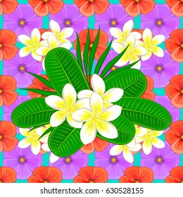 Vector seamless background. Beautiful watercolor plumeria flowers on a blue background. Bright painting inspired plumeria flower print.