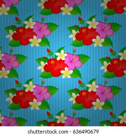 Vector seamless background. Beautiful watercolor hibiscus flowers on a blue background. Bright painting inspired hibiscus flower print.