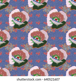 Vector seamless background. Beautiful watercolor flowers in blue and beige colors, bright painting inspired flower print.