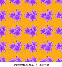 Vector seamless background. Beautiful watercolor plumeria flowers on a yellow background. Bright painting inspired plumeria flower print.