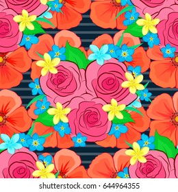 Vector seamless background. Beautiful watercolor rose flowers and green leaves on a blue background. Bright painting inspired rose flower print.