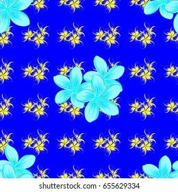 Vector seamless background. Beautiful watercolor plumeria flowers on a blue background. Bright painting inspired plumeria flower print.