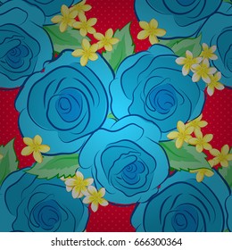 Vector seamless background. Beautiful watercolor rose flowers and green leaves on a red background. Bright painting inspired rose flower print.
