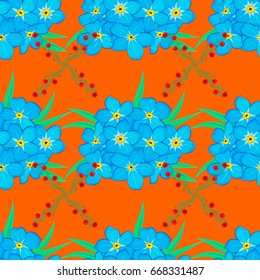 Vector seamless background. Beautiful watercolor forget-me-not flowers on a orange background. Bright painting inspired forget-me-not flower print.
