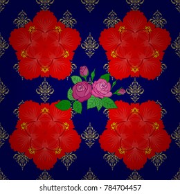Vector seamless background. Beautiful watercolor flowers in blue and red colors, bright painting inspired flower print.