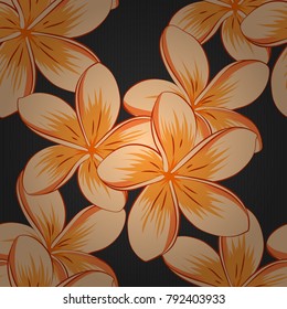 Vector seamless background. Beautiful watercolor plumeria flowers in gray, beige and orange colors. Bright painting inspired plumeria flower print.