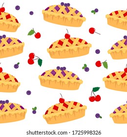 Vector seamless background with berry pies, cherries and blueberries. Vector flat illustration on a white background.