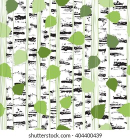 Vector seamless background of birch trunks and foliage.