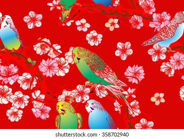Vector seamless background with bird and cherry blossoms