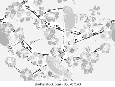 Vector seamless background with bird and cherry blossoms