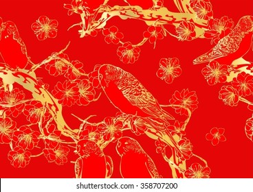 Vector seamless background with bird and cherry blossoms