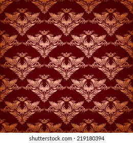 Vector seamless background with birds and crown on dark red background