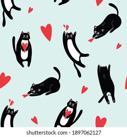vector seamless background with black domestic cats and hearts on a blue background, pattern for valentine's day