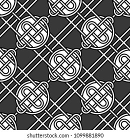 Vector seamless background in black, white and gray colors. Pattern with Celtic knots. Abstract vintage backdrop. Texture for paper and textile