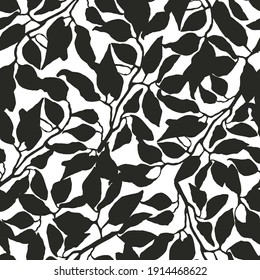 Vector seamless background with black and white illustration of foliage and plants. Can be used for wallpaper, pattern fills, web page, surface textures, textile print, wrapping paper