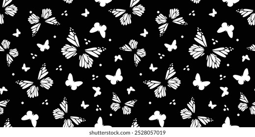 Vector seamless background black and white. Black white butterflies for decoration paper. Abstract illustration of insects. EPS 10