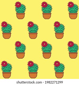 Vector seamless background with blooming cacti in pots. Vector background for use in clothing, for wallpaper and wrapping paper.