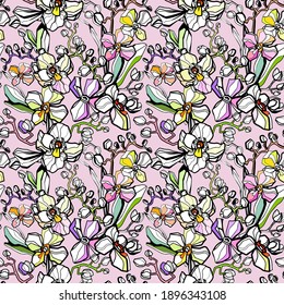 Vector Seamless background with blooming Garden Orchid flowers. Orchid seamless pattern. Vector illustration