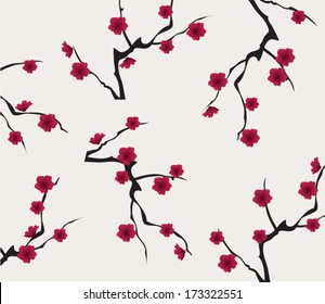 vector seamless background with blossom branches with red flowers