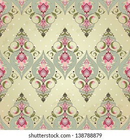 Vector seamless background. Blotches, polka dots and vintage oriental pattern