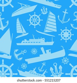Vector seamless background with blue marine ships, anchors and steering wheels