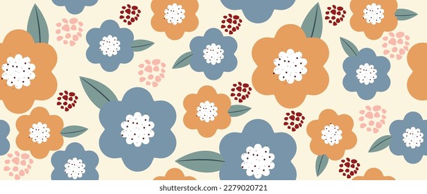 Vector seamless background. Blue and orange flowers with leaves and circles. Modern fashion print. Perfect for textile design, backgrounds, screensavers, posters, cards and invitations.