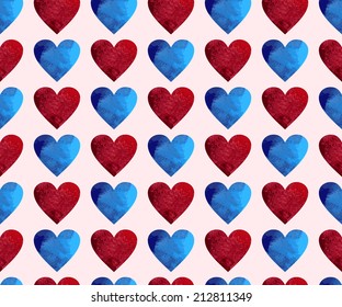 Vector seamless background with blue and red watercolor hearts pattern 