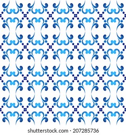 Vector seamless background with blue watercolor stylized porcelain pattern 