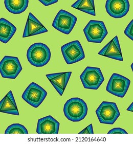 El fondo del vector es transparente. Cuadrados azul-amarillo-verde, círculos, triángulos sobre un fondo verde claro.