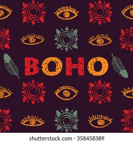 Vector seamless background in the bohemian style. Repeating tribal print of eyes, tribal sun, feather. Ethnic grunge pattern for web page, fabric, t-shirt, scrapbook, wrapping paper, cards, banner