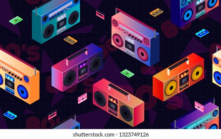 Vector seamless background with boombox tape recorder and audio cassettes on dark background in 80s style. For clothing design, printing on stationery and Wallpaper.