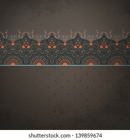 Vector seamless background and border. Abstract pattern with curls and hearts. Vintage grungy background.