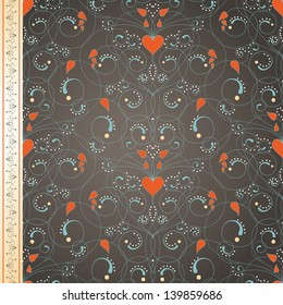 Vector seamless background and border. Abstract pattern with curls and hearts. Vintage grungy background.