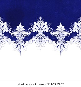 Vector seamless background with a border. Beautiful floral pattern in vintage oriental style. Blue watercolor backdrop.