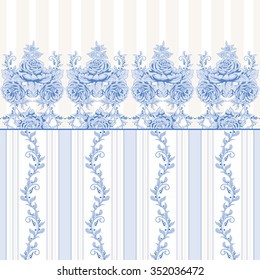 Vector seamless background. Border with bouquet of french garden roses and stripes.  Backdrop with delicate plant ornament.