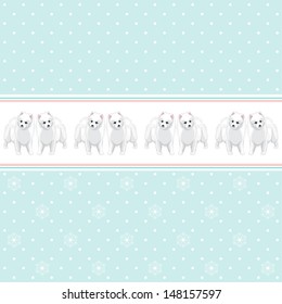 Vector seamless background and border. White Spitz, polka dots and snowflakes.