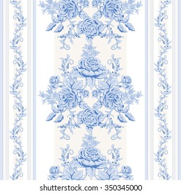 Vector seamless background with borders. A bouquet french roses and striped backdrop. 