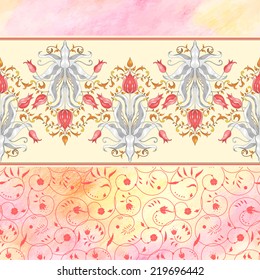 Vector seamless background with borders. Tulip flower ornament and decor with leaves. Floral pattern with curls. Hand drawing.