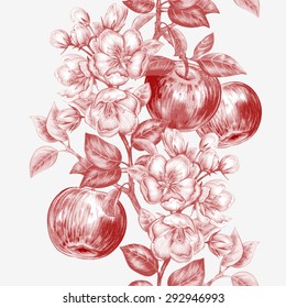 Vector seamless background. The branch of blossoming apple tree with fruits. Design for fabrics, textiles, paper, wallpaper, Internet. Vintage. Floral ornament.