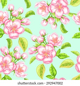 Vector seamless background. A branch of a blossoming apple tree. Design for fabrics, textiles, paper, wallpaper, Internet. Vintage. Floral ornament.