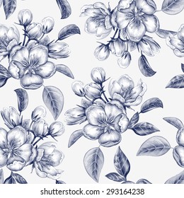 Vector seamless background. A branch of a blossoming apple tree. Design for fabrics, textiles, paper, wallpaper, Internet. Vintage. Floral ornament. Black and white.