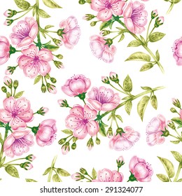 Vector seamless background. A branch of cherry blossoms. Design for fabrics, textiles, paper, wallpaper, web. Floral ornament.