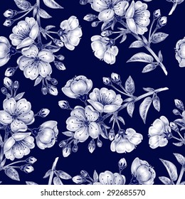 Vector seamless background. A branch of cherry blossoms. Design for fabrics, textiles, paper, wallpaper, web. Floral ornament. Black and white.