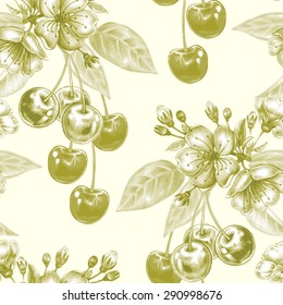 Vector seamless background. Branches with berries cherries. Design for fabrics, textiles, paper, wallpaper, web. Vintage style. Floral ornament. 
