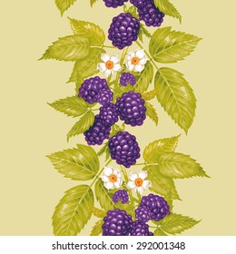 Vector seamless background. The branches of a blackberry with berries and flowers. Design for fabrics, textiles, paper, wallpaper, web. Vintage. 