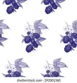 Vector seamless background. The branches of a blackberry with berries and flowers. Design for fabrics, textiles, paper, wallpaper, web. Vintage. Black and white.
