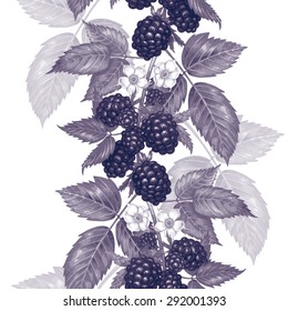 Vector seamless background. The branches of a blackberry with berries and flowers. Design for fabrics, textiles, paper, wallpaper, web. Vintage. Black and white.