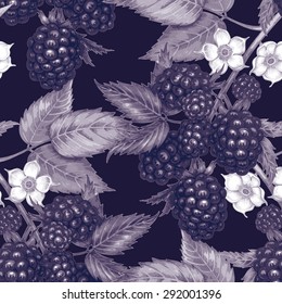 Vector seamless background. The branches of a blackberry with berries and flowers. Design for fabrics, textiles, paper, wallpaper, web. Vintage. Black and white.