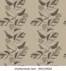 Vector seamless background with branches of leaves. Brown background