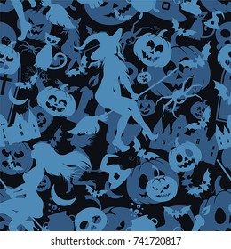 Vector seamless background with bright attributes Halloween in blue tones